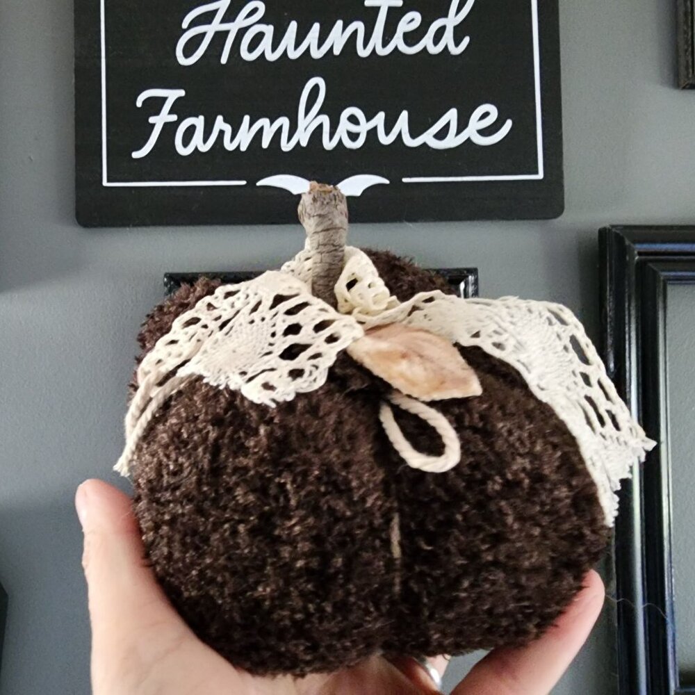 Knit Sweater Pumpkin Pillow Pouf, Upcycled Brown Chenille with Vintage Lace - Picture 6 of 9